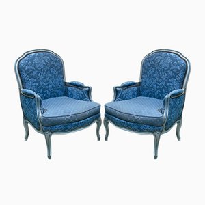 Louis XV Style Lounge Chairs in Patinated Beech with Feather Cushions, 1970s, Set of 2