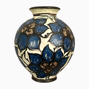 Large Art Deco Scandinavian Ceramic Vase with Stylized Flowers