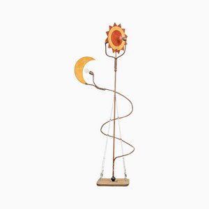 Wood and Brass Floor Lamp with Sun and Moon-Shaped Diffusers in the Style of Cordon Tones, 1980s