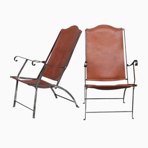 Mid-Century Leather and Metal Folding Armchairs, Set of 2