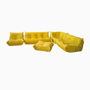 Mobilier de Salon Dubai Pull-Up en Cuir Jaune par Michel Ducaroy pour Ligne Roset, 1970s, Set de 5