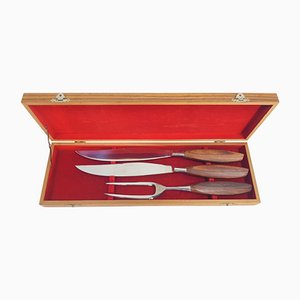 Vintage Danish Mid-Century Modern Teak Cutlery Knife Fork Carving Set in Box, Set of 4