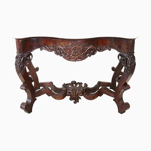 Antique Carved Mahogany Console Table with Marble Top, 1850s