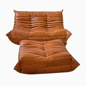 Set of Pine Leather Togo Pouf and 2-Seat Sofa by Michel Ducaroy for Ligne Roset