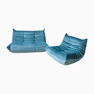 Blue Sea Velvet Togo Sofa & Lounge Chair by Michel Ducaroy for Ligne Roset, 1970s, Set of 2