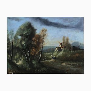 Maurice Dupuis, Scène de vie à la campagne au pied du moulin, 1946, Oil on Canvas, Framed