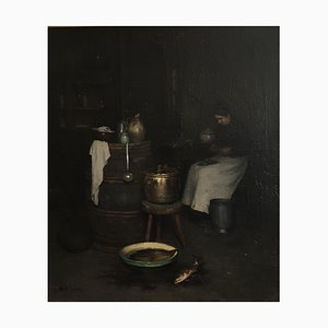 Franck Antoine Bail, Intérieur de cuisine avec femme en préparation du souper, 1902, Oil on Canvas, Framed