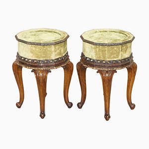 Antique Hardwood Carved Side Tables with Velvet Tops, 1860s, Set of 2