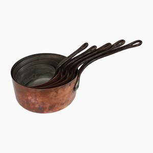 French Rustic Copper Pans with Metal Handles, Set of 5