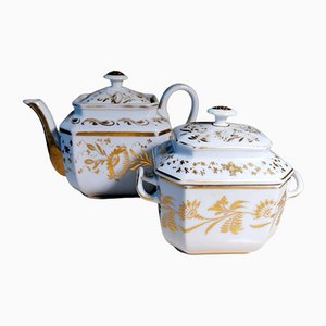 Napoleon III Porcelain De Paris Teapot and Sugar Bowl with Pure Gold Decorations, Set of 2