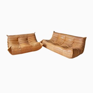 Kamelbraunes Togo 2-Sitzer & 3-Sitzer Sofa Set von Michel Ducaroy für Ligne Roset, 1970er, 2er Set