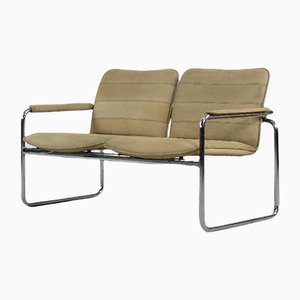 Sofá de dos plazas vintage de acero tubular y cuero, años 60