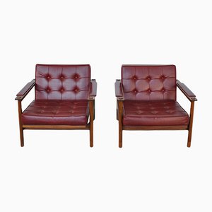 Teak Leather Armchairs by Georges Coslin for 3V Arredamenti Padova, 1960s, Set of 2