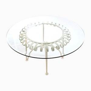 Mid-Century Italian White Varnished Metal Coffee Table with Round Glass Top, 1950s