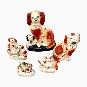 Antique Victorian Staffordshire Dogs, Set of 5