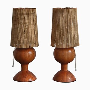 Finnish Modernist Pinewood Table Lamps with Straw Shades, 1940s, Set of 2