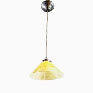 Art Deco Yellow Hanging Lamp with Marbled Glass