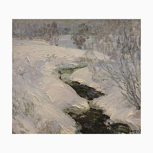 Georgij Moroz, Winter Stream Oil, Oil on Canvas, Enmarcado