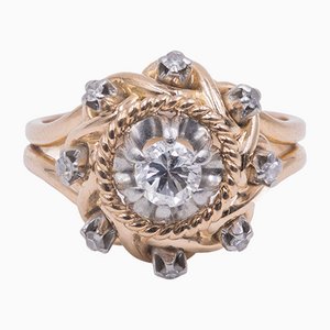 18k Two-Tone Gold Ring with Central Brilliant Cut Diamond, 1930s