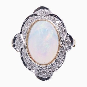 18k Two-Tone Gold Ring with Opal and Brilliant Cut Diamonds