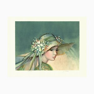G. Junai, mujer con sombrero, siglo XX, litografía