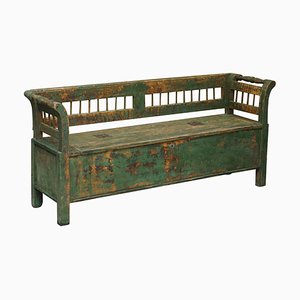 19th Century Central European Pitch Pine Green Paint Bench
