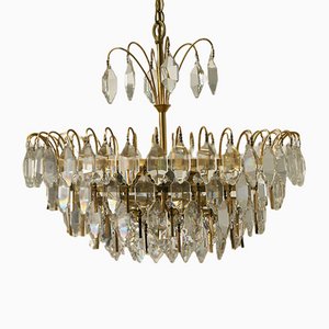 Large Mid-Century Brass and Crystal Glass Ceiling Lamp from Palwa