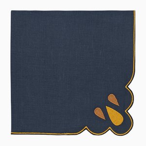 DROPS Navy/Mustard Embroidered Linen Napkin from Los Encajeros