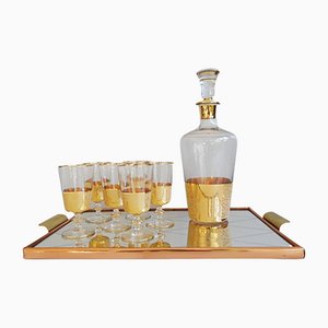 Glass Carafe with Liqueur Glasses and Reflection Tray, 1950s, Set of 8