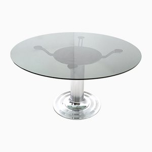 Postmodern Chromed Metal Dining Table with a Round Tempered Glass Top, Italy