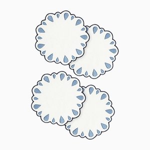 Drops White/Navy Embroidered Linen Coasters by Los Encajeros, Set of 4