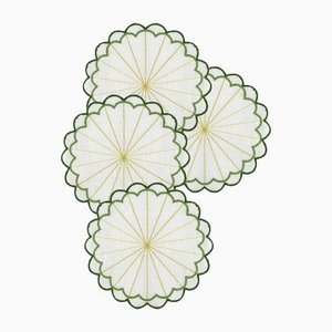 Escamas Green Embroidered Linen Coasters by Los Encajeros, Set of 4