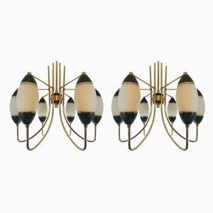 Laternenförmiger Kronleuchter mit 6 Leuchten aus Glas & Messing von Stilnovo, Frühe 1950er, 2er Set