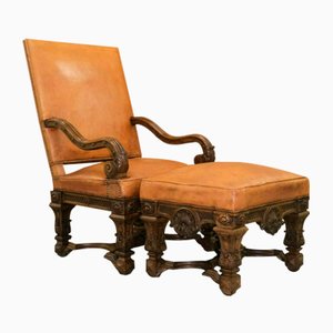19th Century French Louis XIV Carved Oak & Leather Armchair with Matching Stool, Set of 2