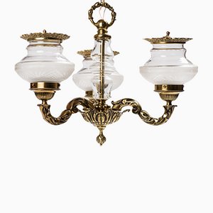 Mid-Century Brass 3-Arm Chandelier with Frosted Etched Glass Shades