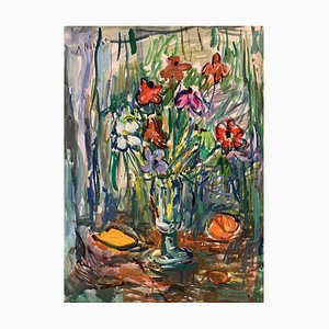 Alexandre Rochat, Bouquet en vase à pied, 1960, Gouache on Paper, Framed