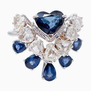 Blaue Saphire, Diamanten, 18 Karat Weißgold Retro Ring