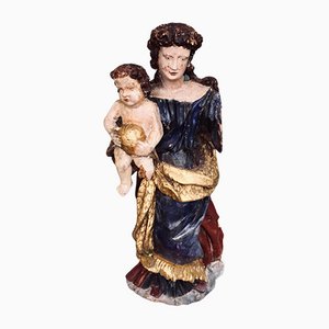 Large 17th Century Gilt Wood & Polychrome Hand Carved Virgin Mary Statue