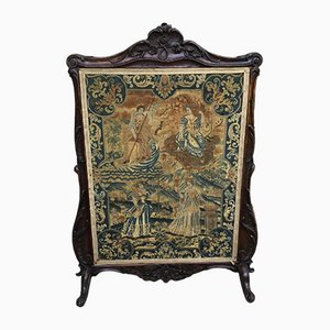 Antiker englischer handgeschnitzter Holzrahmen Kaminschirm Stickerei und Wandteppich aus dem frühen 18. Jahrhundert