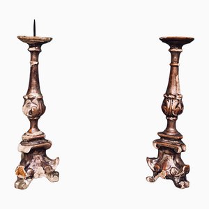 Antique Italian Baroque Silver Hand Carved Gilt Pricket Candlesticks, 17th Century, Set of 2