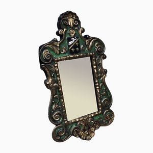 Antiker Florentiner Spiegel mit handgeschnitztem & bemaltem Rahmen aus vergoldetem Holz mit edlem Wappen, 18. Jh