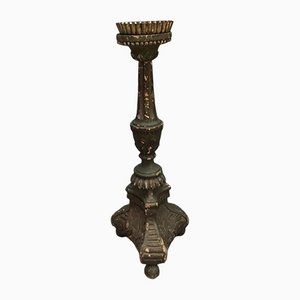 Large French Church Candlestick in Hand-Painted & Carved Wood