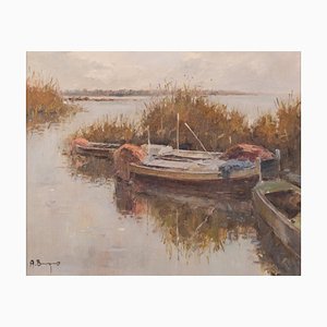 Scena post-impressionista del lago con barche, olio su tela, incorniciato