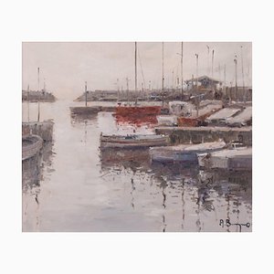 Port Post-impressionniste avec Bateaux de Pêche, Huile sur Toile, Encadrée