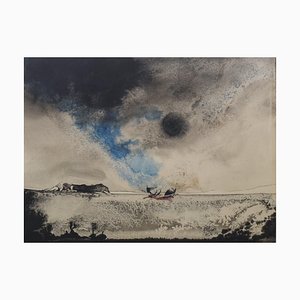 C. Perez, Boat on a Moonlit Seascape, Watercolor on Paper, Framed