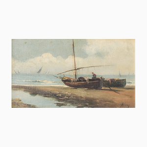 Boats on the Shore, Early 20th-Century, Oil on Board, Framed