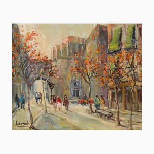Paesaggio urbano autunnale impressionista, fine XX secolo, olio su tela, con cornice