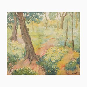 Impressionist Wooded Landscape with Flowers, Late 20th-Century, Oil on Board, Framed