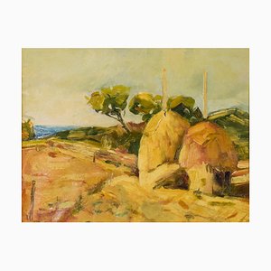 Post Impressionist Landscape with Haystacks, Mid 20th-Century, Oil, Framed