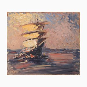 Post Impressionist Sailing Ship, 20th-Century, Oil